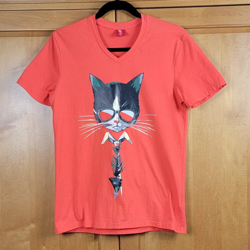 Bibisama Orange Cat With Fish Tie Short Sleeve V-Neck Stretch Cotton Tee - S
